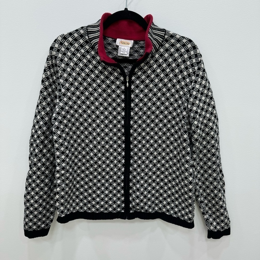 Talbots houndstooth zip up cardigan sweater in Large 100% Cotton vtg